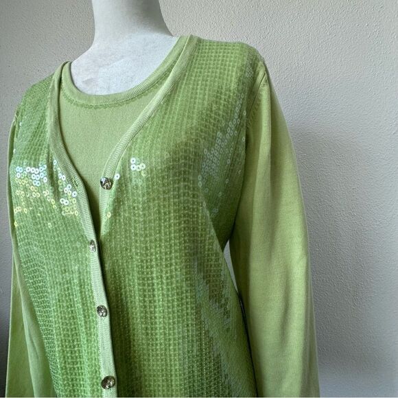 Quacker Factory Cardigan and Sleeveless Knit Tank Set Green Sequins SZ S - Picture 11 of 15